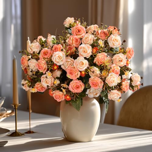 Artificial Rose Flowers for Outdoor 4 Bundles Rose Bouquet with Daisy Faux Flowers UV Resistant for Home Indoor Outside Garden Porch Window Box Balcony Yard Porch Fall Decor (Orange) - color: Orange