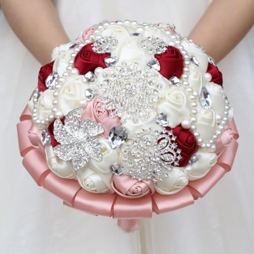 Brooch Wedding Bouquet with Bling Silver Rhinestone Pearl Satin Rose Flower for Bride Bridesmaid Quinceanera Burgundy and Blush Pink Ivory Bridal Bouquet Wedding 8.3in - color: Burgundy, Blush & Ivory, size: Diameter: 8.3 inches