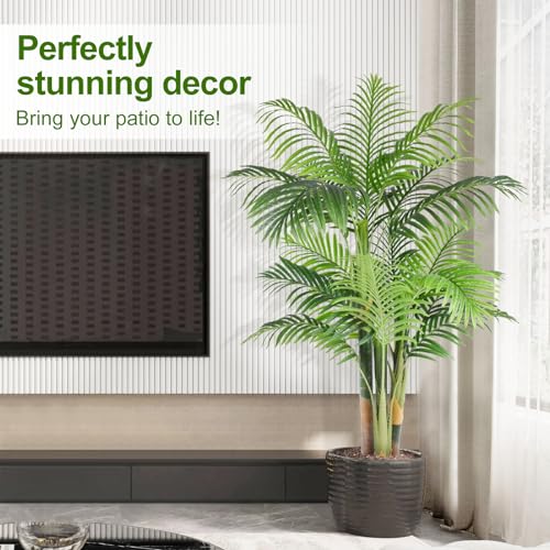 5ft Tall Triple Golden Cane Palm Artificial Tree Large Tropical Palm Tree UV Resistant Fake Plant in Pot for Indoor Outdoor Big House Living Room Outside Patio Office Home Decor 1Pack - size: 5ft