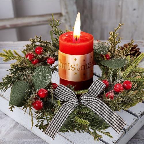 Christmas Candle Ring Xmas Small Wreath Green Leaves Berries Bow Candle Holder 9.06” for Tables Centerpieces Home Kitchen Farmhouse Decor Gift - color: Christmas