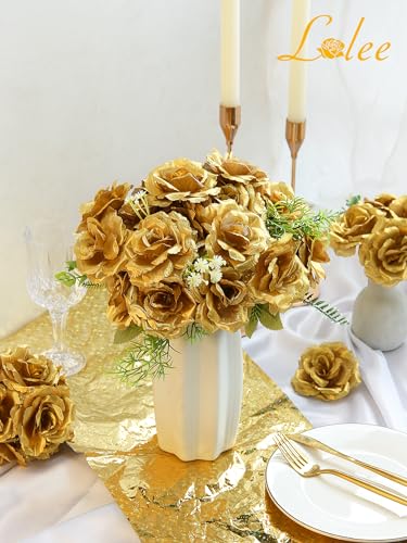 LELEE Rose Head Flowers with Stem - 108pcs Gold Rose Artificial Flowers Bulk - 3.1'' Silk Roses Fake Flower for Wedding Bouquet Party Home Decor DIY Baby Shower Centerpieces Tables Decoration - color: Gold