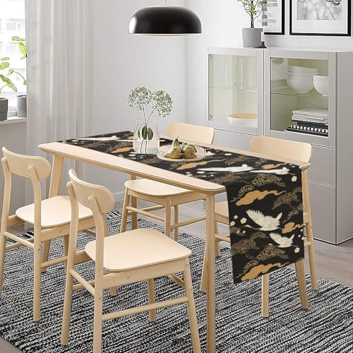 Crane Table Runner, Vintage Luxury Black Golden Asian Japanese Abstract Bird Cloud Tree Table Runner for Kitchen Outdoor Dining Banquet Party 13x36in - color: Crane-1, size: 13x36in