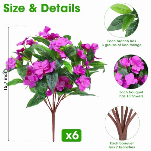 Ouddy Decor 6 Bundles Artificial Impatiens Flowers for Outdoors Decoration, Silk Flowers Bouquet Fake Plants UV Resistant for Spring Summer Garden Porch Window Box Balcony Home Decor, Fuchsia - color: Fuchsia