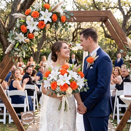 Fake Flower, 16 Pcs Plastic Orange Roses & PU White Lilies, Artificial Flowers Faux Bouquet Realistic for Vase Home Decor Gifts for Mother's Day Table Centerpiece Wedding Bridal Arrangement
