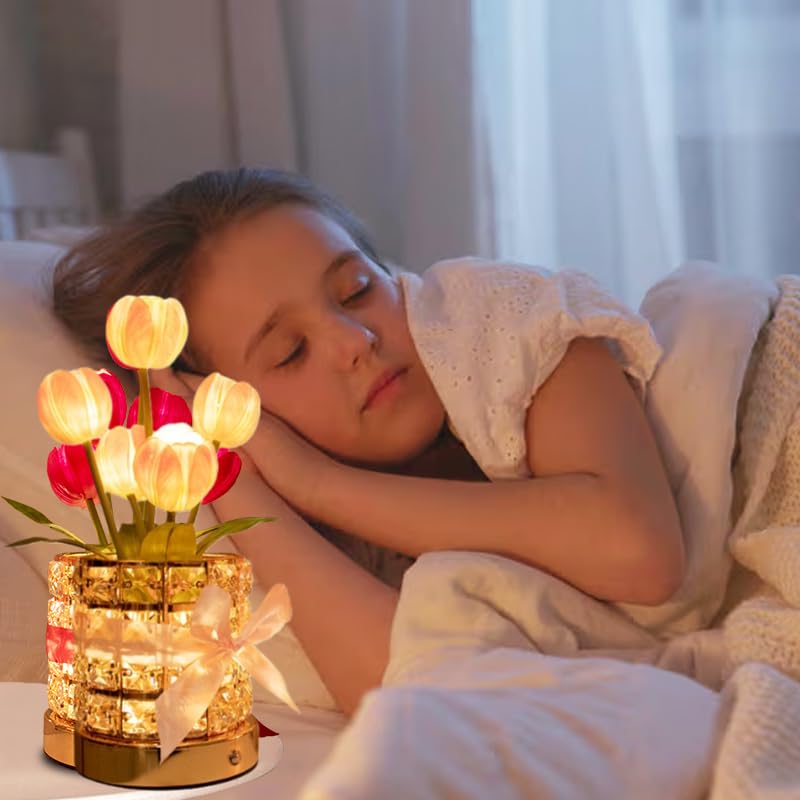 Tulip Flower Planet Lamp with Remote Control, Rechargeable Cordless Touch Dimming Artificial Flower Desk Lamp, LED Night Light Romantic Gifts for Girl Women Grandmother (Touch Control) - style: Touch control