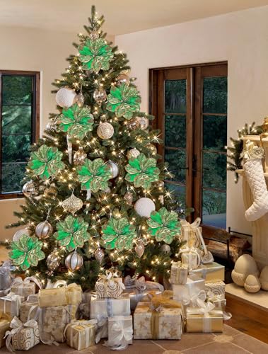 Briful 3PCS Magnolia Artificial Flowers 21.2" Green Gold Fake Magnolia Flower Stems with Specially Designed Mottled Petals Christmas Tree Flowers for Holiday Wreath Garland Xmas Decor - color: Green Gold
