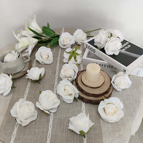 Artificial Satin Rose Flower Heads,42 Pcs Silk Rose Heads with Stems,3.5'' Rose Artificial Flowers Bulk,Artificial Rose Flower Heads for DIY Crafts Bouquet (42, White) - color: White