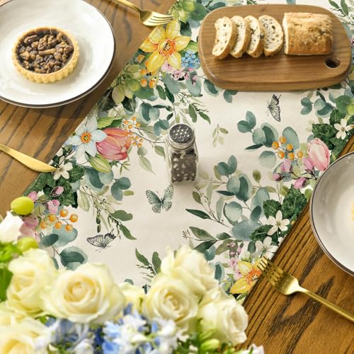 Artoid Mode Bloom Flowers Eucalyptus 210 GSM Spring Table Runner, Seasonal Summer Kitchen Dining Table Decoration for Home Party Decor 13x108 Inch - size: 13" x 108", Table Runner