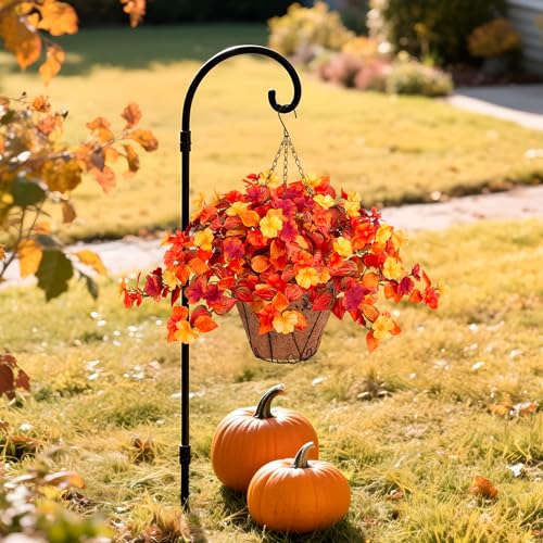 Hanging Artificial Fall Flowers Basket for Outdoors Outside 3PCS Fake Plants Faux Orange Fall Flowers for Outdoors Planters UV Resistant Silk Flowers for Home Porch Patio Garden Autumn Decoration - color: Y4-orange Red Yellow+basket