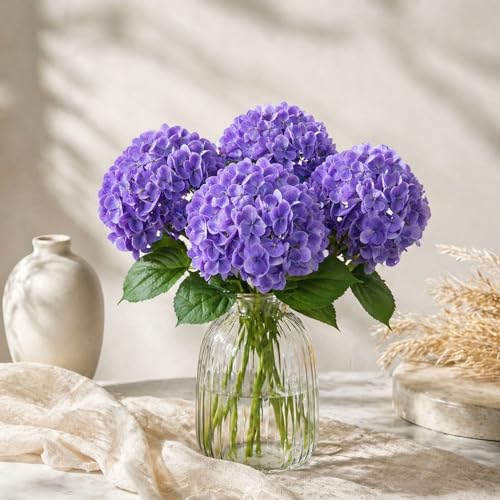 4 Pcs Faux Hydrangeas Real Touch Hydrangea Artificial Flowers Latex Large Fake Flower Long Stems for Wedding Home Party Table Centerpieces Decor (Purple) - color: Purple