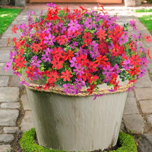 ADXORA 12 Bundles Outdoor Artificial Flowers Faux Silk Flower Daisy UV Resistant Flowers for Garden Patio Porch Window Box Fake Flowers Outdoor Indoor Decor - color: Purple,red