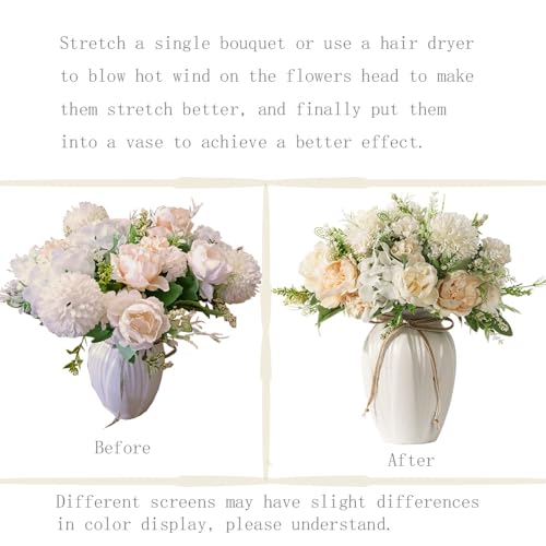 Peonies Artificial Flowers in Vase, Fake Hydrangea Silk Peony Flower Bouquet with Vase Faux Flowers Arrangement Decor Home Table Dining Room (White) - color: White