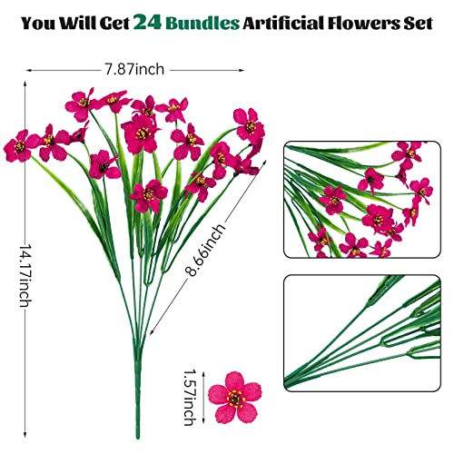Lnoicy 24 Pcs Artificial Flowers for Outdoor,Plastic Flowers Decoration, UV Resistant Faux Flowers Shrubs, Artificial Plants for Indoor Outside Garden Home Wedding Farmhouse(Rose Red) - color: Rose Red, size: 24
