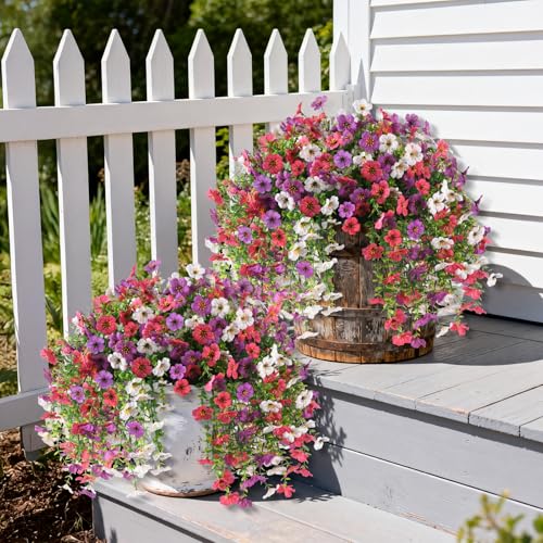 INQCMY 2Pcs Artificial Fake Hanging Flowers for Outdoors UV Resistant Artificial Plants for Spring Summer Decor Look Real Faux Flowers for Outside Home Planter Porch Patio Decor - color: Rose Purple White