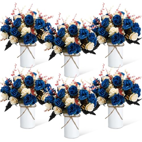 Domensi 6 Sets Wedding Centerpiece for Table Artificial Rose with Vase Fake Bouquets and Metal Pot Flower Arrangements for Bridal Shower Birthday Party Event Table Decor (Dark Blue) - color: Dark Blue