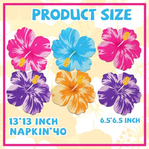 Tropical Napkins, Hawaiian Tropical Decoration 40pcs Luau Paper Floral Hibiscus Hawaiian Napkins For Summer Luau Party Supplies
