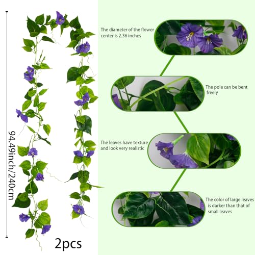CISDUEO 2 Pcs Artificial Vines Silk Morning Glory Vines for Outdoor 15Feet Purple Hanging Plants Garland Fake Green Plant Morning Glories for Home Decor Wall Fence Stairway Wedding Hanging Baskets - color: Purple 2