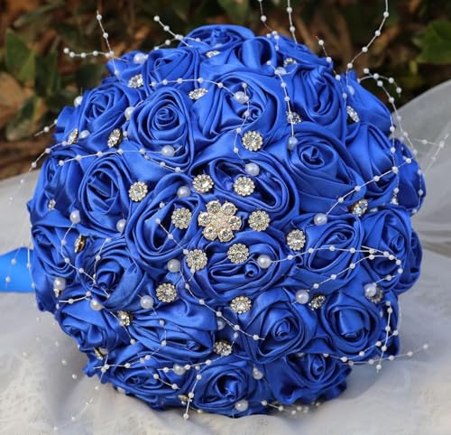 Ujicde Romantic Wedding Bouquet Bridal Bridesmaid Round Bling Brooch Bouquet Throw Toss Artificial Rose Flower Bunch with Sparkle Rhinestone Crystal Decoration(Royal Blue,Dia. 6.3"*16cm) - color: Royal Blue, size: Dia. 6.3"*16cm