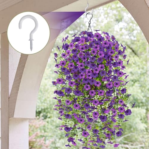 Zythrem 2 Set Artificial Hanging Flowers Basket for Outdoors Artificial Flowers for Outdoors 4 PCS Spring Summer Hanging Planter Basket for Porch Baclony Garden Front Door Decor (Purple)