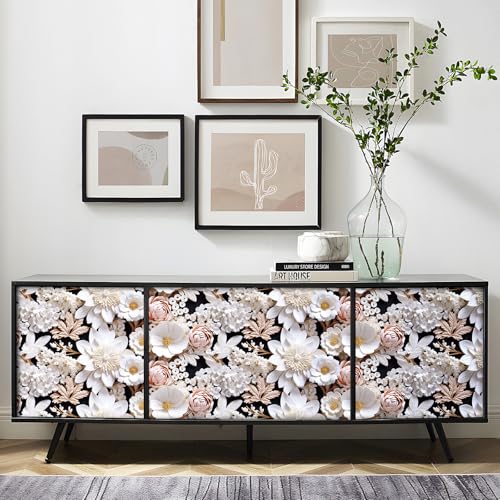 FunStick 17.5"x354" White Faux 3D Floral Peel and Stick Wallpaper Black Pink Embossed Floral Wallpaper for Bathroom Living Room Accent Wall Panels Self Adhesive Contact Paper for Walls Shelves Vinyl - size: 354" x 17.5"