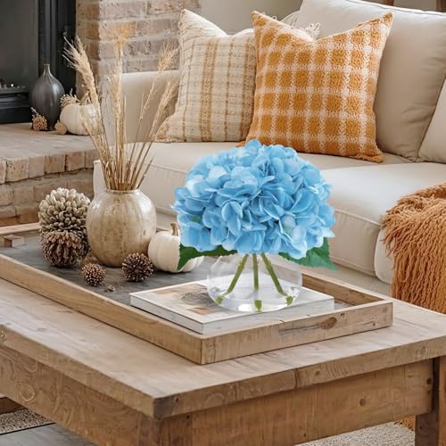 Big Petals Hydrangea Artificial Flowers in Vase, Blue Silk Fake Flowers Silk Centerpiece Table Decorations for Dining Room,Coffee Table Decor,Wedding, Home with Faux Water decorr (Sea Blue) - color: Sea Blue
