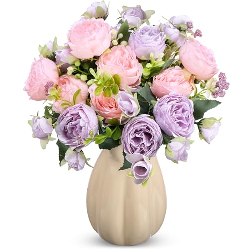 Crowye 4 Bundles Peonies Artificial Flowers Silk Faux Peonies Wedding Artificial Flower Bouquet for Table Centerpiece for Home Wedding Decor Bridal Floral Arrangement(Pink Purple) - color: Pink Purple
