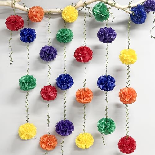 Rainbow Party Decorations Colorful Tissue Paper Flowers Pom Pom with Leaf Ribbon Hanging Garland Streamer for Multi-color Birthday Baby Shower Wedding Carnival Clown Fiesta Festival Party Supplies - color: Rainbow
