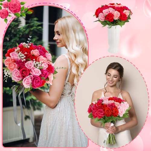 36 Pcs Mixed Pink Red Artificial Roses with Long Stems, Fake Silk Rose Artificial Flowers Bulk for Bridal Wedding Bouquet Centerpiece Ball Arrangement Party Decor - color: Mixed Pink, Red