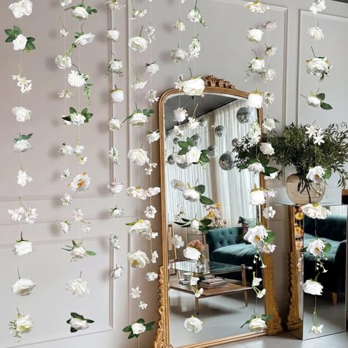 Suncalla 6 Pcs 35.46 ft Flower Garlands Backdrop Garden Party Decoration Artificial Wildflower Vines Fake Flower Vines Faux Silk for Wedding Bridal Wall Arch(Classic,White) - color: White