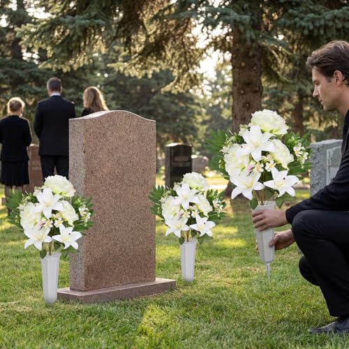 2Sets Artificial Cemetery Flowers with Cemetery Vase Artificial Rose Lily Graveyard Memorial Bouquets for Memorial Day Cemetery Headstones Outdoor Grave Decorations (White) - color: White