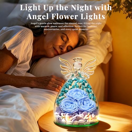 Beferr Gifts for Mom Birthday Gifts for Women, Fresh Flowers for Delivery Forever Preserved Rose in Glass Angel Figurine, Anniversary Christian Real Rose for Grandma Wife Mother from Daughter Son - color: K Light Blue