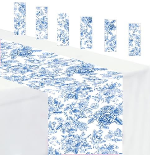 6 PCS Blue Floral Table Runner 14 x 108 Plastic Flower Table Runner for Party Birthday Baby Shower Bridal Shower Wedding Disposable Table Runners - color: Blue Floral Table Runner, size: 6 PCS