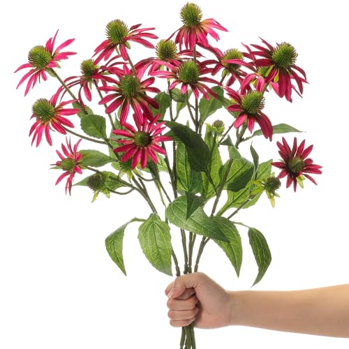 Knitgrip Rose Red 4 Pcs Artificial Coneflowers Stems 29 Inch Faux Echinacea Flowers Branch Realistic Farmhouse Fake Sunflower Floral Bouquet for Home Centerpiece Arrangement Indoor Outdoor Decor - color: Rose Red