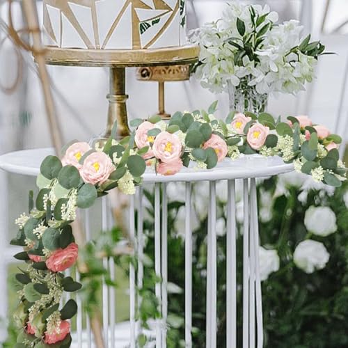 MAKHOT 2 Pcs Pink 6.6Ft Artificial Eucalyptus Flower Garland with Fake Rose Flower Vine Seeded Eucalyptus Leaves Greenery Garland for Wedding Table Backdrop Party Centerpiece Room Decor (Pink) - color: Pink-2pcs