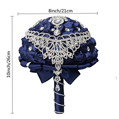Handmade Luxury Wedding Bridal Bouquet Large Silk Rose Holding Toss Artificial Flowers Bouquets with Satin Ribbon Pearls Rhinestone for Bride Vintage Royal Wedding Bouquet (Navy Blue) - color: Navyblue