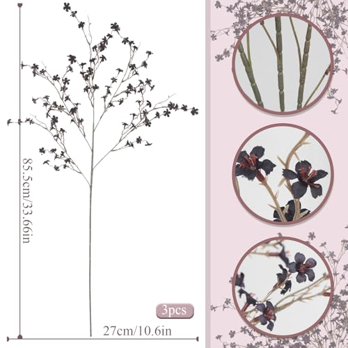 3 Pcs Cherry Blossom Branches Artificial Flowers for Spring Summer Indoor Decoration Faux Cherry Blossom Long Stems Black Silk Fake Flowers for Tall Vase Arrangements Home Wedding Table Decor - color: Black