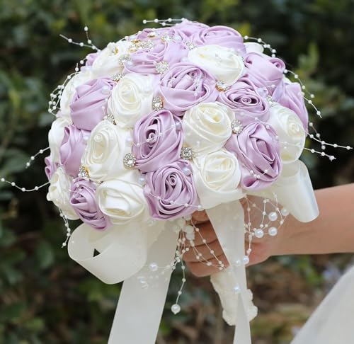 Ujicde Romantic Wedding Bouquet Bridal Bridesmaid Round Bling Brooch Bouquet Throw Toss Artificial Rose Flower Bunch with Sparkle Rhinestone Crystal Decoration(Ivory+Purple,Dia. 6.3"*16cm) - color: Ivory+purple, size: Dia. 6.3"*16cm