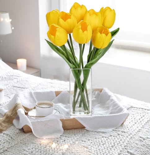Briful Fake Flowers Artificial Tulip Flower in Clear Vase, Yellow Real Touch Foam Tulip Arrangement Suitable for Home Office Decoration, Dining Table Centerpiece - color: Yellow