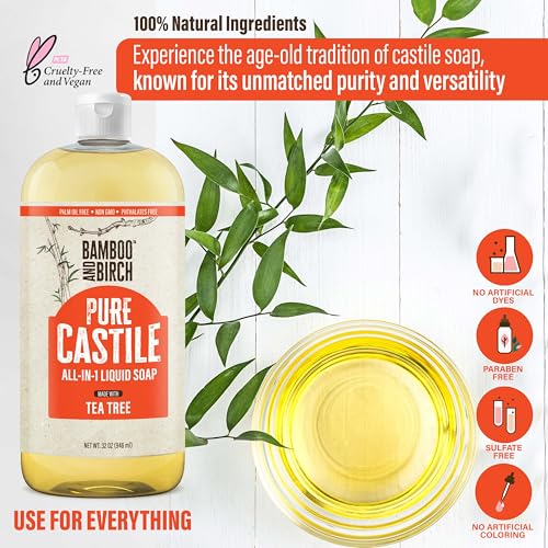 BAMBOO AND BIRCH Pure Castile Soap Liquid, Tea Tree, 32 oz | Certified Palm Oil Free, Natural Soap