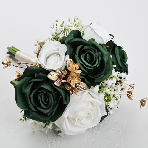 Wedding Bridesmaid Bouquets Set of 4, Artificial Silk Flowers Arrangement for Ceremony Marriage Proposal Party Anniversary Decorations - Emerald Green & Gold & White - color: Emerald Green & Gold & White, size: Set of 4 Bouquets