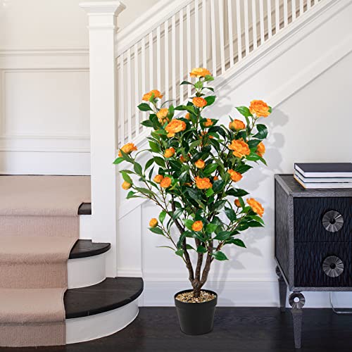 DREAMADE Faux Camellia Tree 40’’, Artificial Plant in Cement-Filled Pot w/ 37 Flowers, 3 Trunks, Fake Tree for Indoor Outdoor Home Office Living Room Porch Decoration - color: Orange