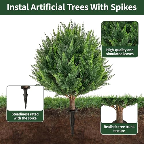 25” Artificial Cedar Topiary Ball Tree, Set of 2 with Ground Spikes, UV Resistant Faux Cypress Plants, Evergreen Shrubs for Outdoor Front Porch Garden Backyard Office Decor - color: B-green