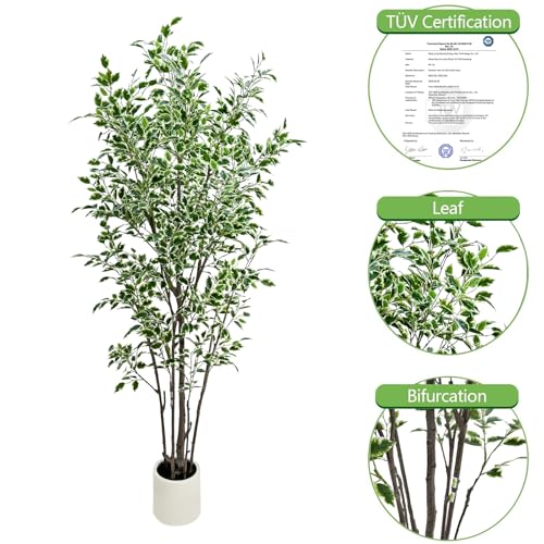 7ft Artificial Ficus Tree with White Plastic Planter | Foliage: Designed with natural green and white variegated leaves for lifelike indoor landscape decoration - color: White, size: 7ft