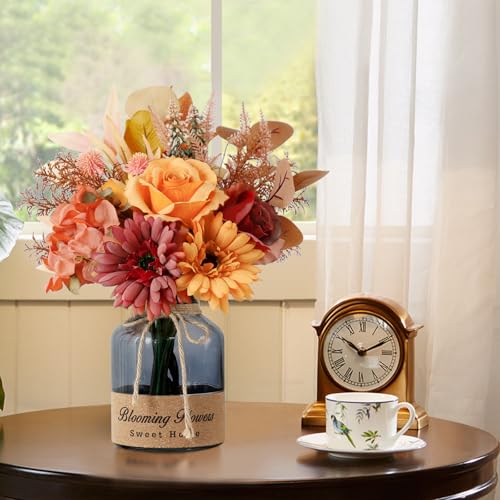 Leftover Fake Fall Flowers in Vase,Artificial Flowers with Vase,Centerpiece Table Decorations,Fall Centerpieces for Tables,Fall Kitchen Decor,Fall Flower Arrangements,Home Decor Living Room - color: Orange