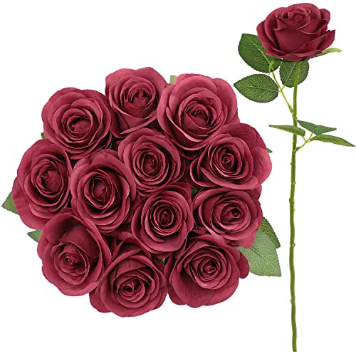 JUSMAI 12pcs Roses Artificial Flowers Fake Flowers with Long Stems Burgundy Silk Flowers for Wedding Bouquet Centerpices Decorations Party Bridal Baby Shower Home Decor - color: Burgundy, size: 12PCS