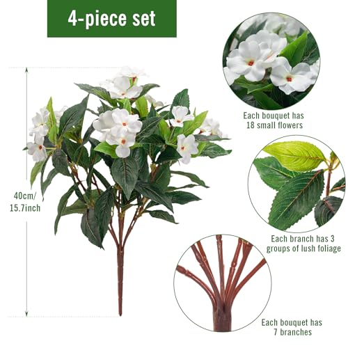 Uqueeten15.7” Fake Flowers Artificial Flowers for Outdoor,Silk Artificial Impatiens Bouquet Flowers for Outdoors，Spring Flowers Flores Artificiales para Decoracion Indoor Decor 8PCS(White) - color: White-8