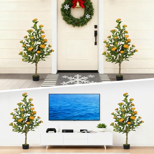 2-Pack 4FT Artificial Camellia Tree,Realistic Fake Potted Plants with Flowers&Planters,Indoor/Outdoor Faux Flowering Trees for Home,Office,Porch,Wedding,and Housewarming Gift Decor,Orange - color: Orange