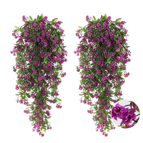 RECUTMS 2Pcs Artificial Hanging Flowers for Outdoor Decoration Fake Hanging Plants Faux Flowers Artificial UV Resistant Plastic Greenery Vines Ivy for Outdoor Indoor Garden Party Decor（Fuchsia） - color: Fuchsia-rose