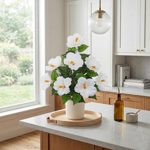 Briful Artificial Hibiscus Potted Plant 20.8” Tall, Realistic Silk Hibiscus Flowers Farmhouse Table Decor, Faux Tropical Flower Plant in Pot for Living Room Table, Entryway, Office, Home Decor, White - color: 20.8'' White