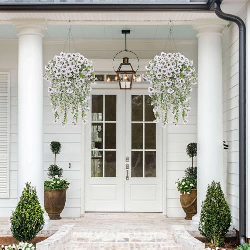White Artificial Hanging Flowers for Outdoors, 4 PCS 29.5in UV Resistant Faux Outdoor Hanging Plants Pansy Flowers Fake Cascading Floral Vines for Porch Patio Balcony Pergola - color: White